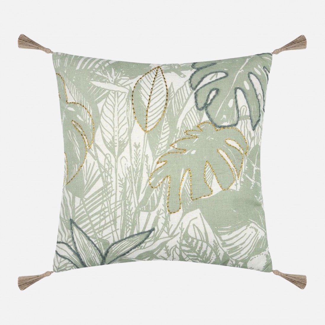 Almofada Botanys em algod�o e linho com padr�o floral verde e detalhes bordados 40 x 40 cm