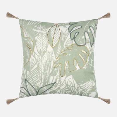 Botanys cushion in cotton and linen with green floral pattern and embroidered details 40 x 40 cm
