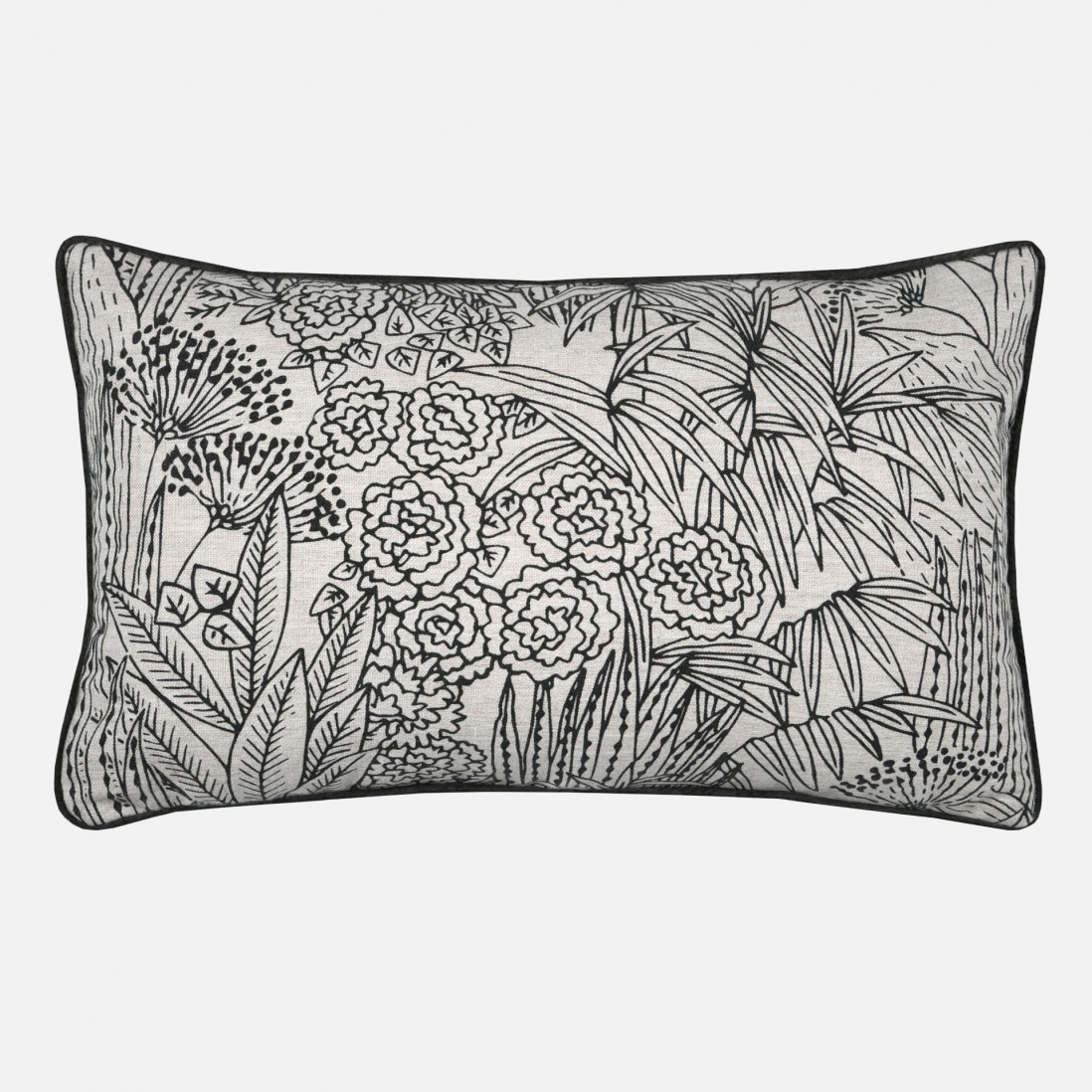 Almofada Orphee dupla face preta e taupe com desenho floral 30 x 50 cm