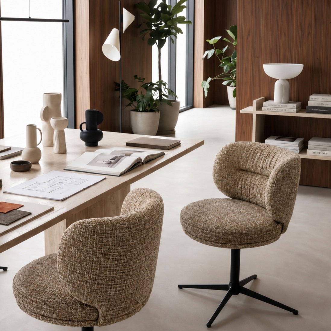 Ranum Chair in Brown Fabric with Black Metal Base