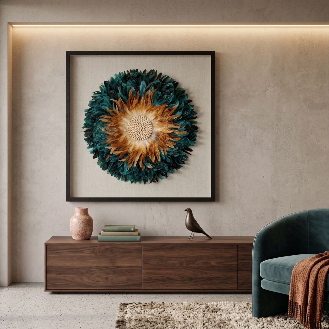 Feathers Decorative Wall Art with Natural Coloured Feathers 90x90cm
