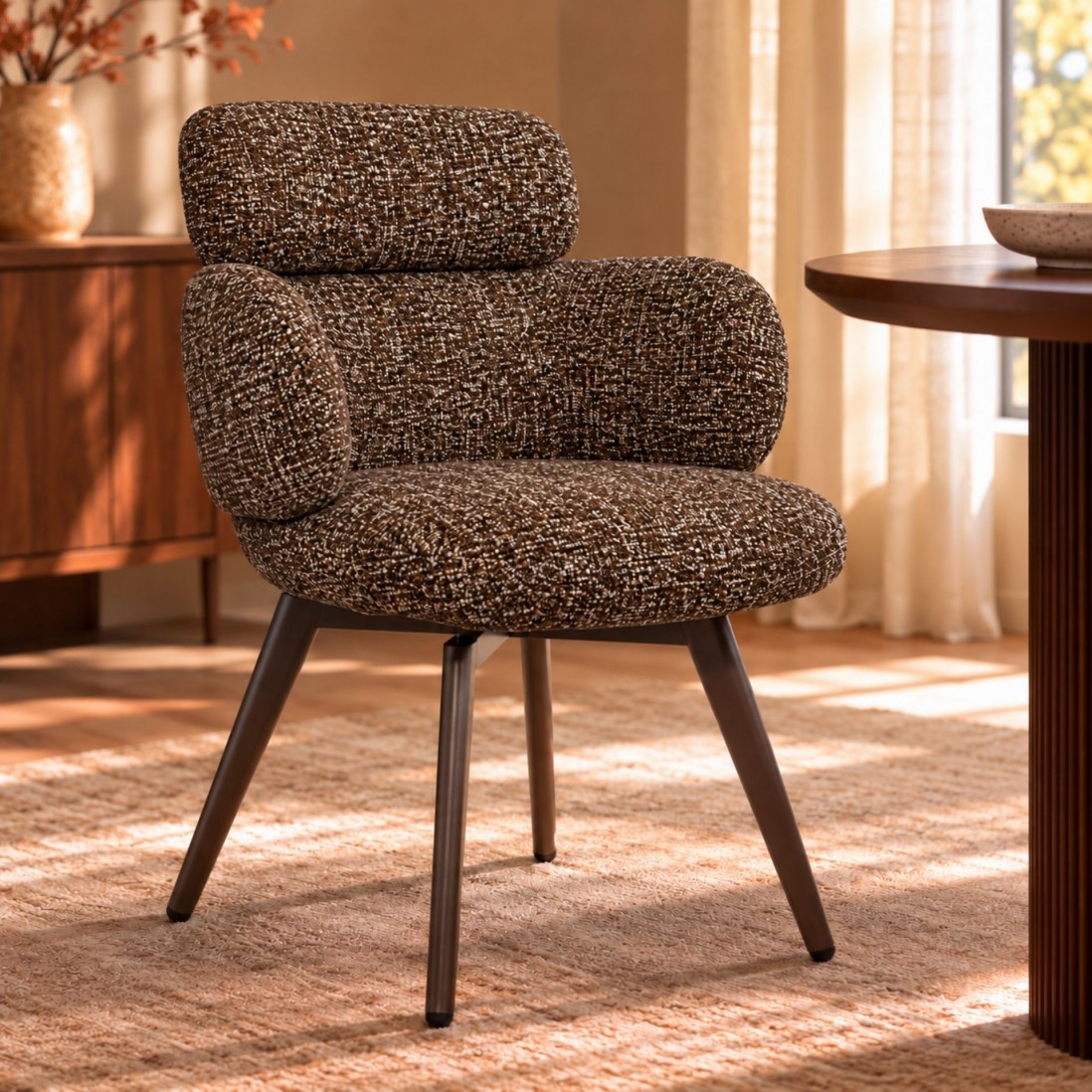Silla Erdal tapizada en tela marr�n con patas de metal color caf�