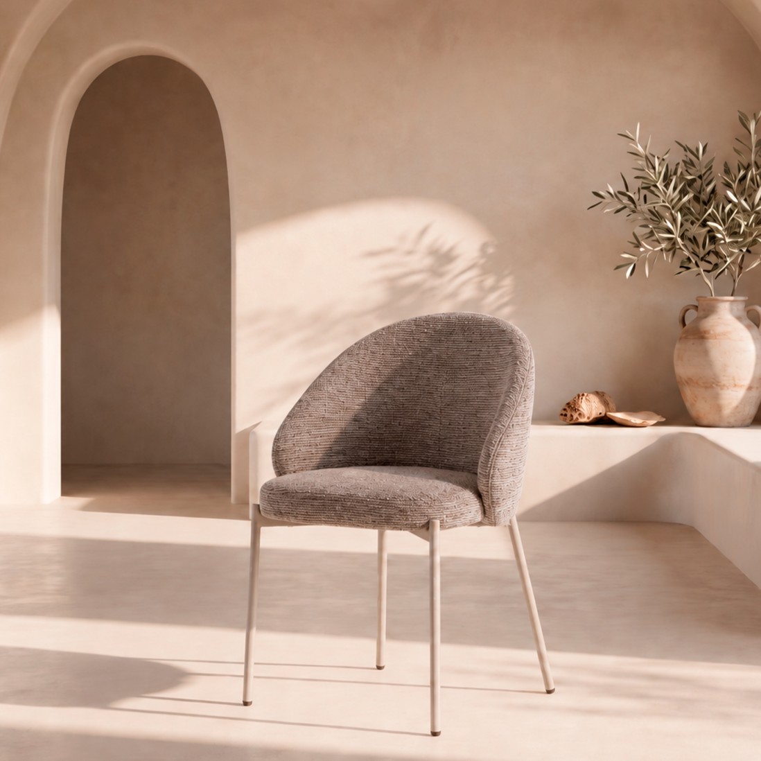 Prum Dining Chair with Brown Fabric and Beige Metal Legs