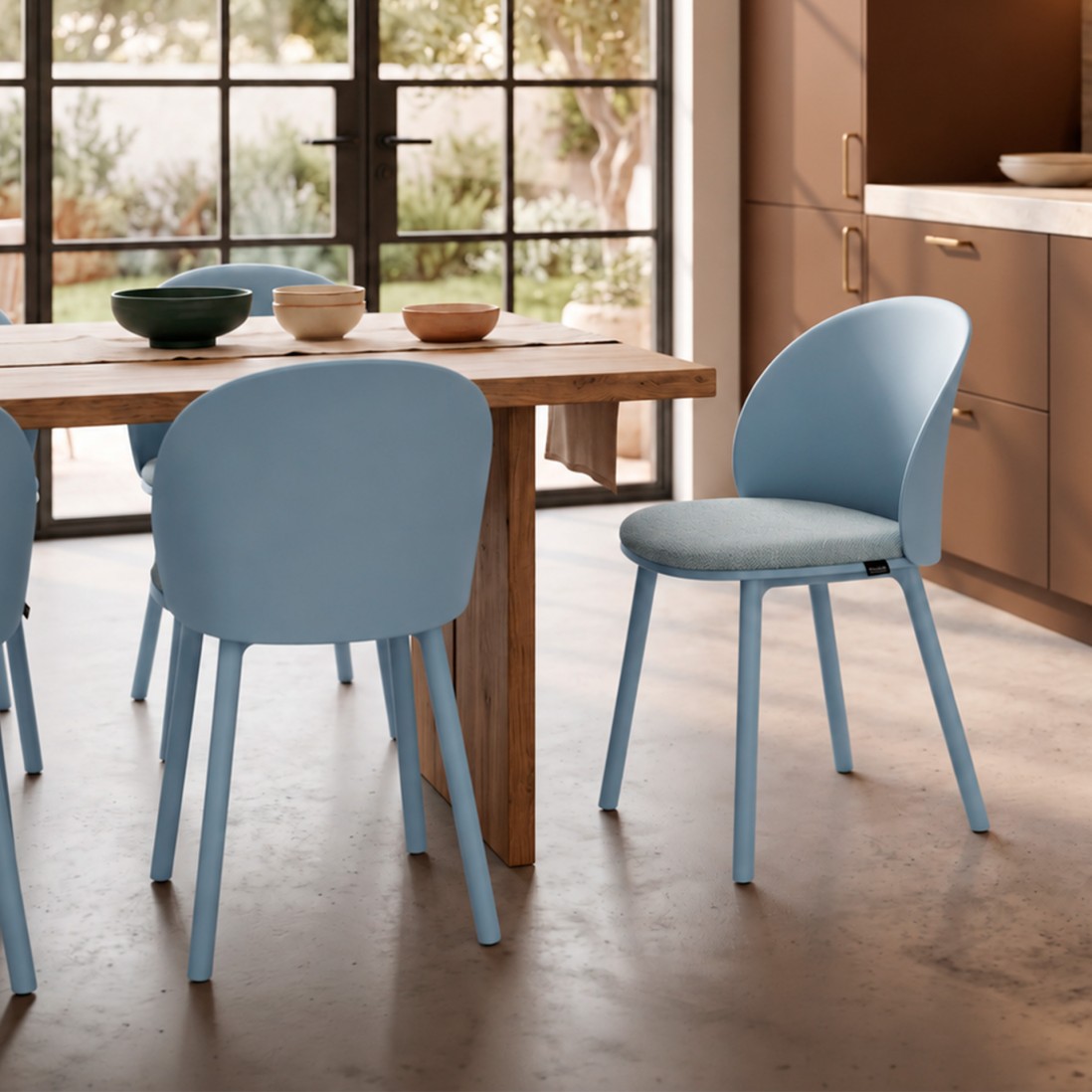 Stella blue polypropylene chair with cushioned seat